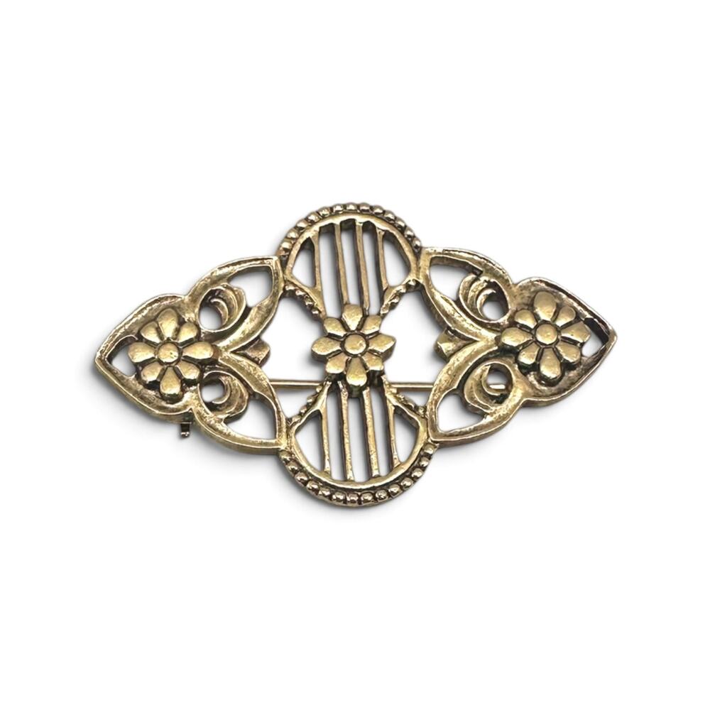 Vintage Gold Tone Filigree Floral Brooch Ornate Openwork Beaded Costume Pin